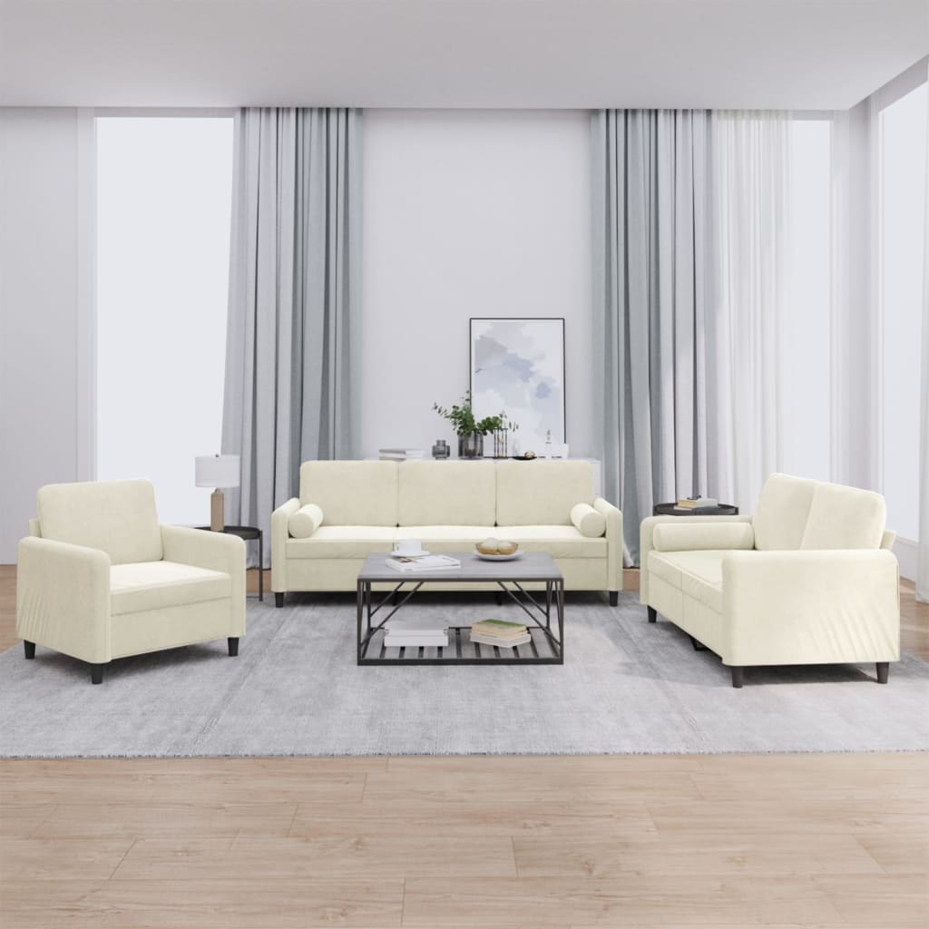 3-delige Loungeset met kussens fluweel crèmekleurig
