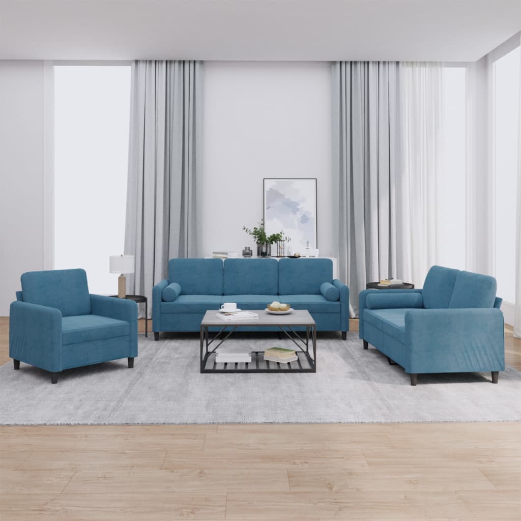 3-delige Loungeset met kussens fluweel blauw