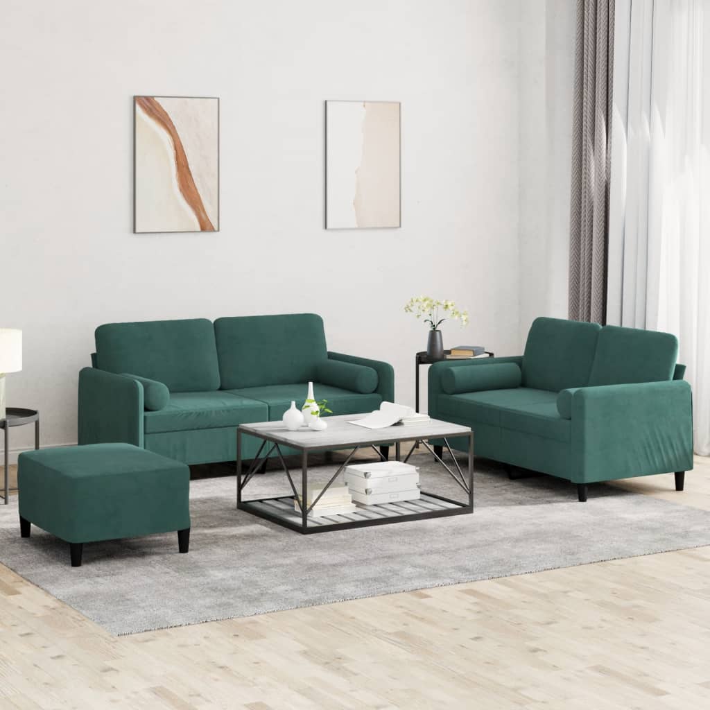 3-delige Loungeset met kussens fluweel donkergroen