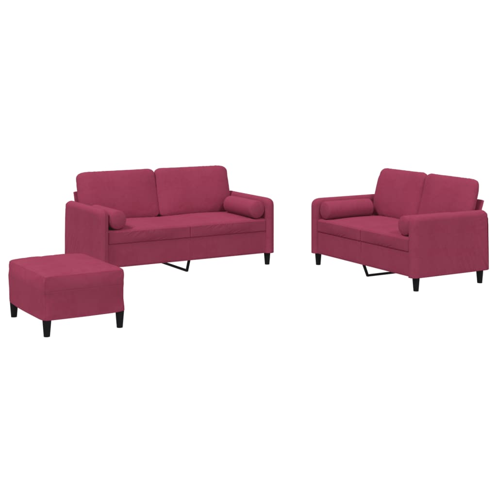 3-delige Loungeset met kussens fluweel wijnrood