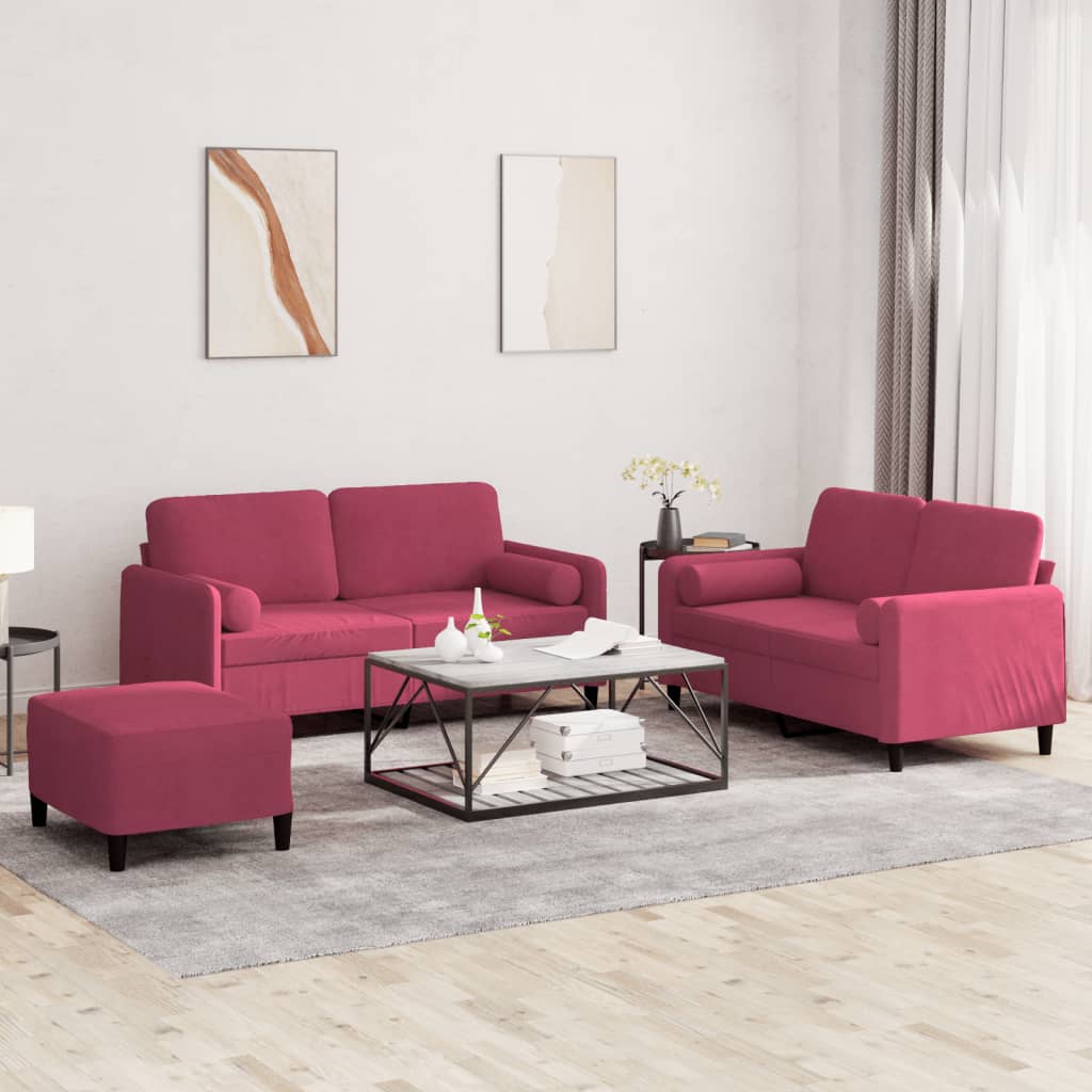3-delige Loungeset met kussens fluweel wijnrood