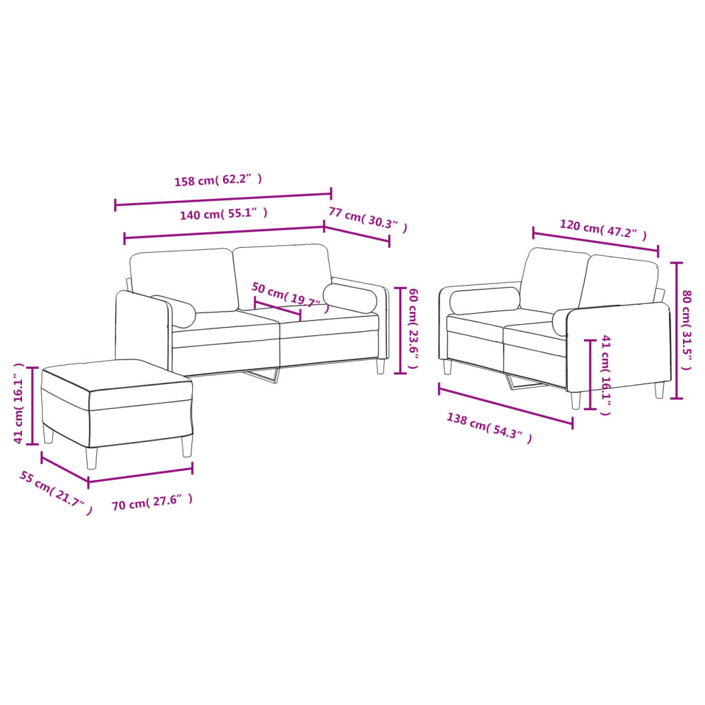 3-delige Loungeset met kussens fluweel zwart