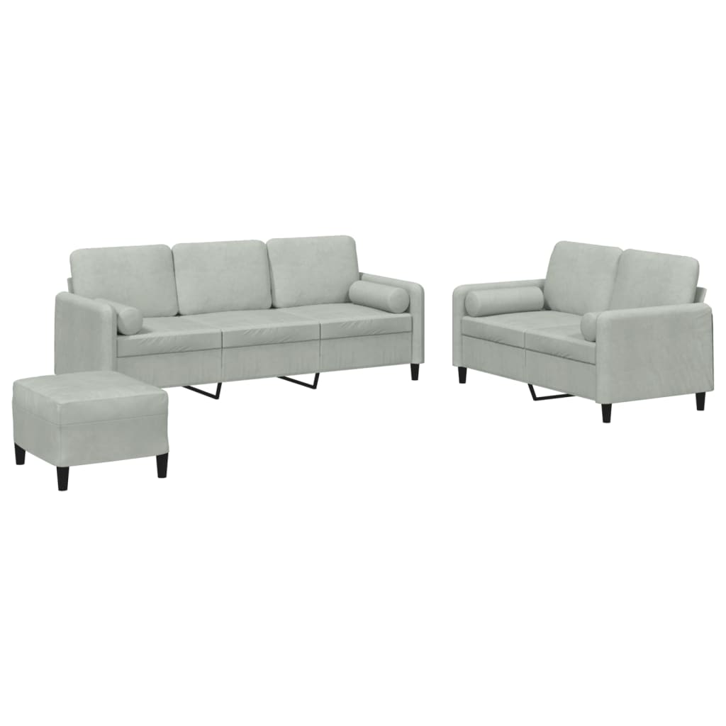 3-delige Loungeset met kussens fluweel lichtgrijs
