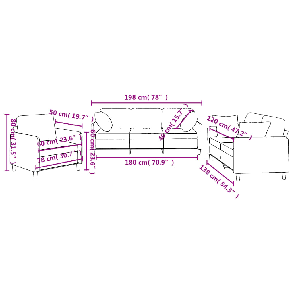 3-delige Loungeset met kussens stof lichtgrijs