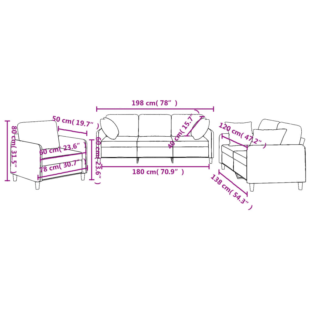 3-delige Loungeset met kussens stof zwart