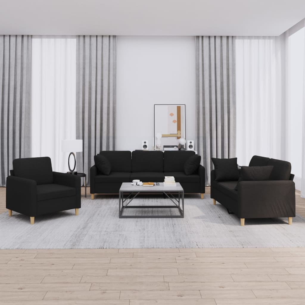 3-delige Loungeset met kussens stof zwart