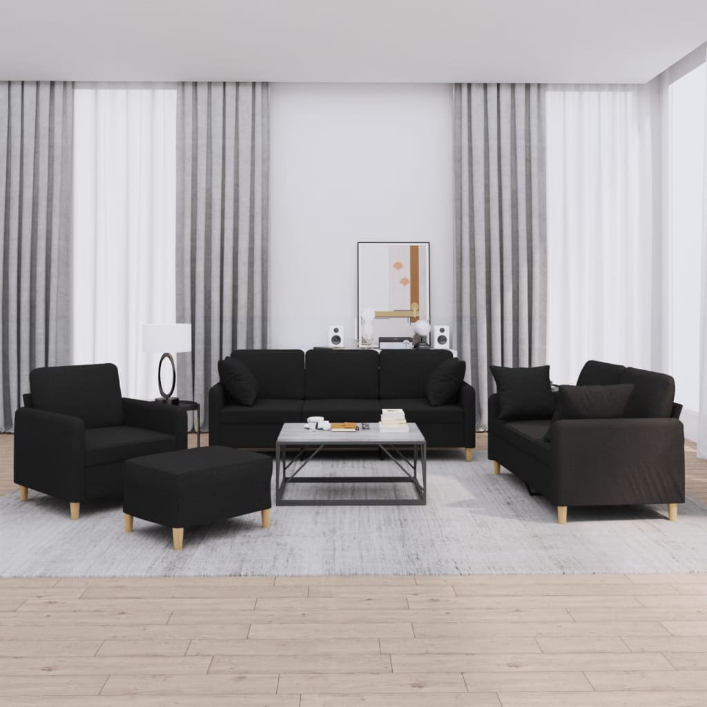 4-delige Loungeset met kussens stof zwart