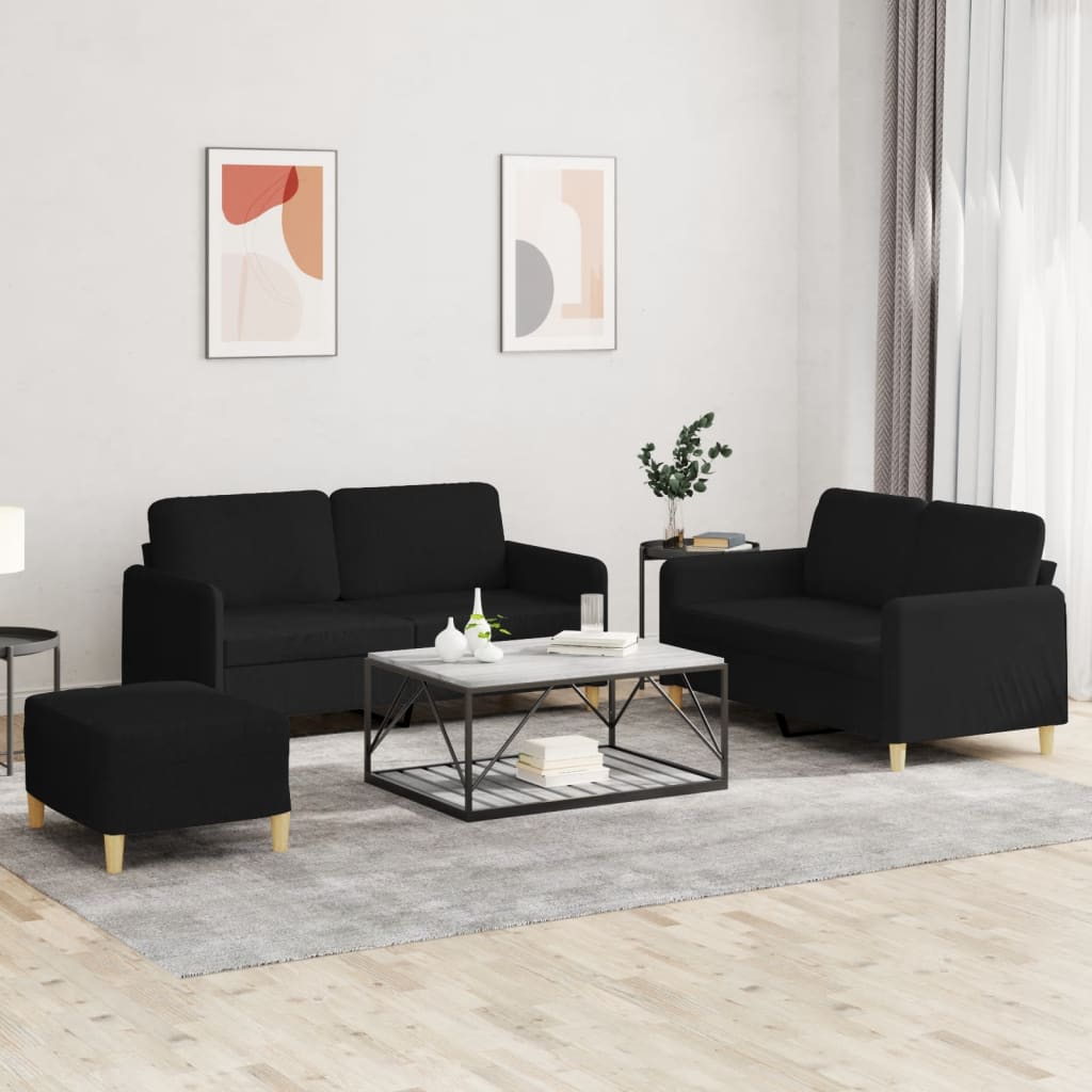 3-delige loungeset met kussens stof zwart
