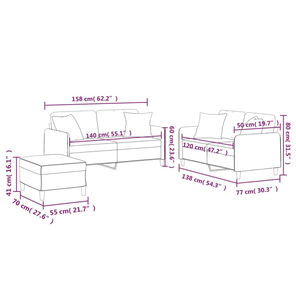 3-delige Loungeset met kussens stof donkergrijs