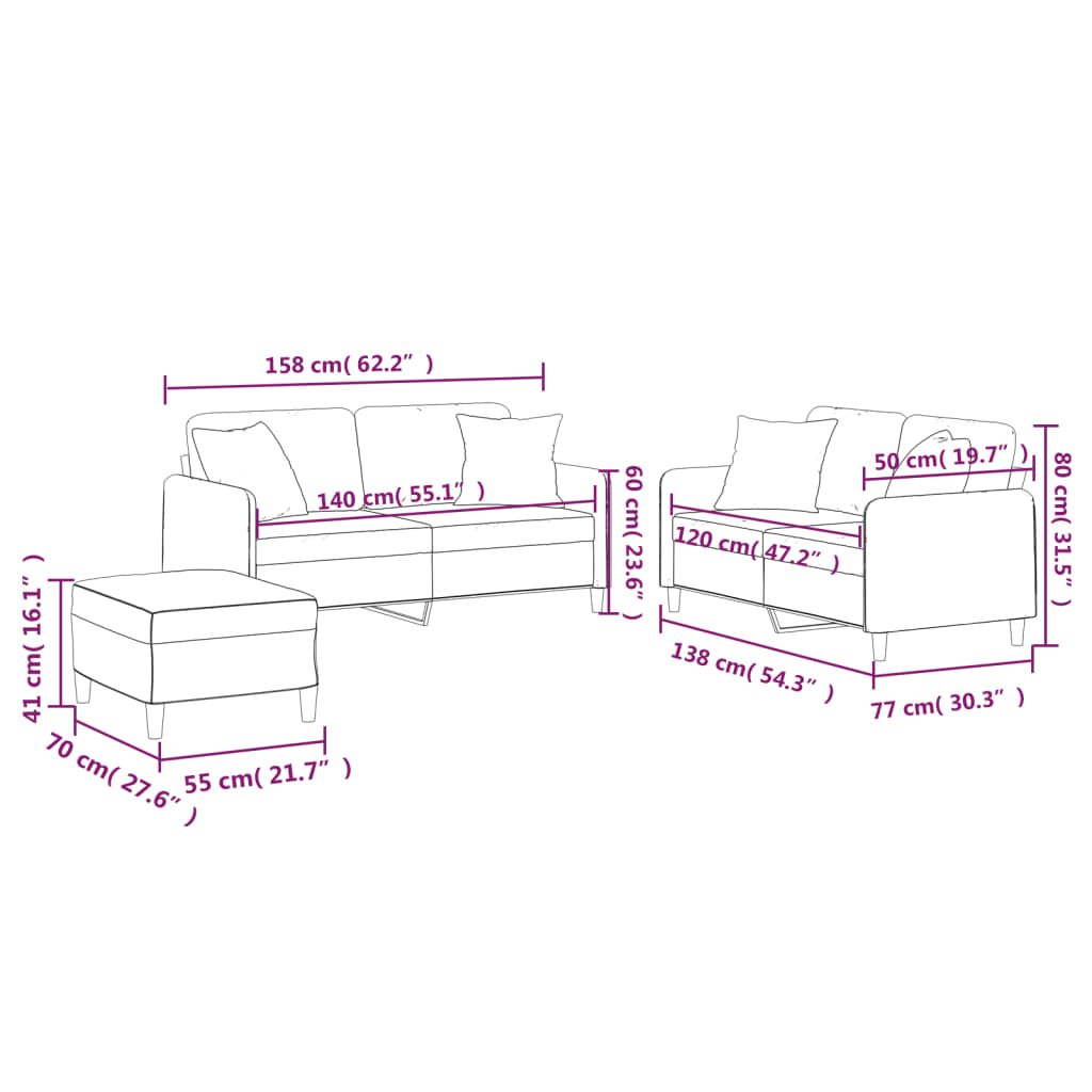 3-delige Loungeset met kussens stof zwart