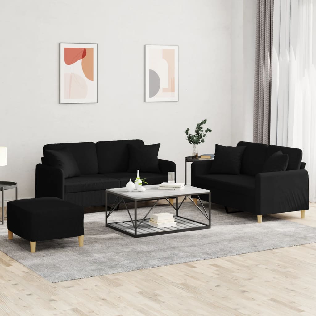 3-delige Loungeset met kussens stof zwart