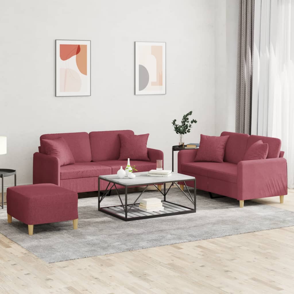 3-delige Loungeset met kussens stof wijnrood