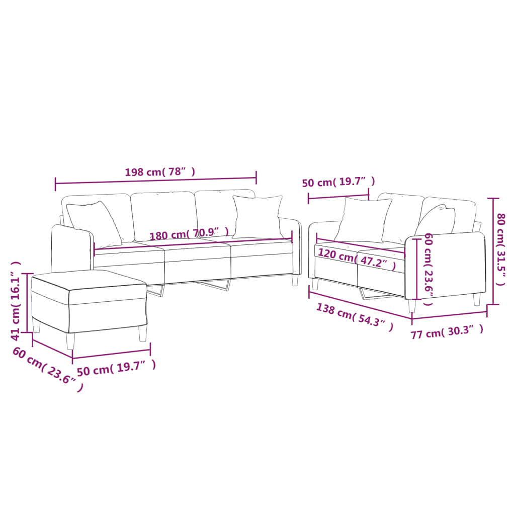 3-delige Loungeset met kussens stof donkergrijs
