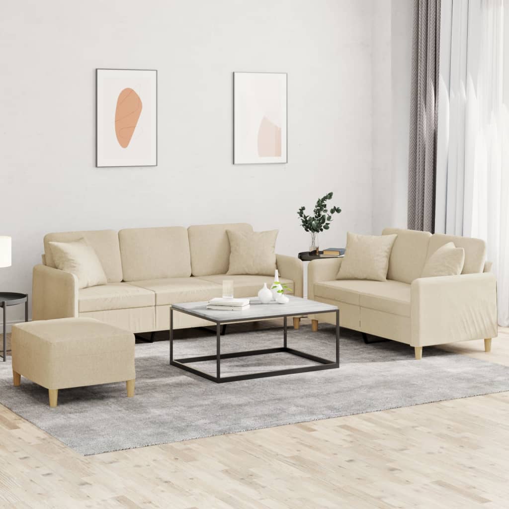 3-delige Loungeset met kussens stof crèmekleurig