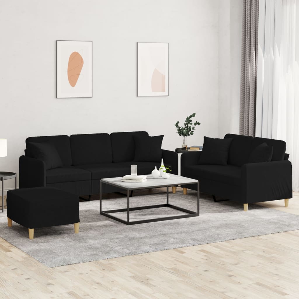 3-delige Loungeset met kussens stof zwart