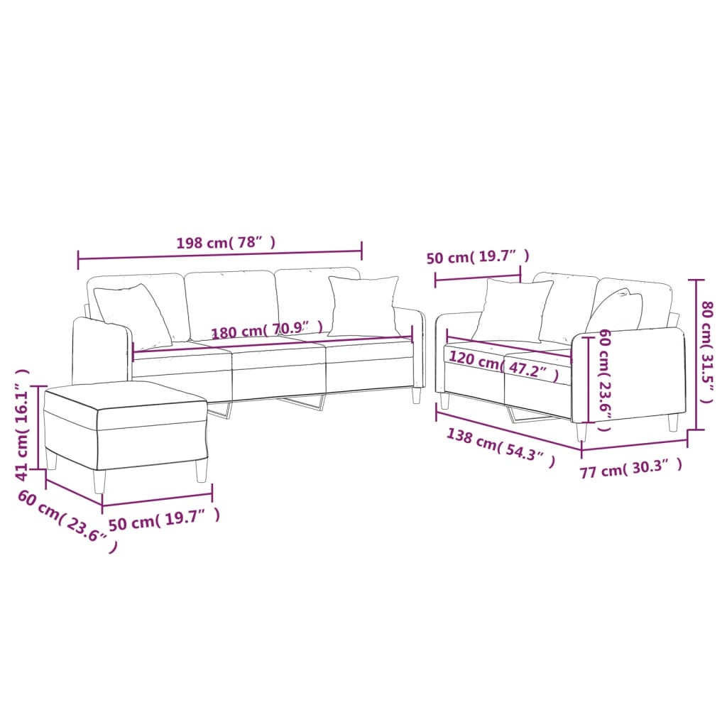 3-delige Loungeset met kussens stof taupe
