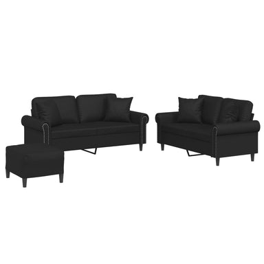 3-delige Loungeset met kussens kunstleer zwart