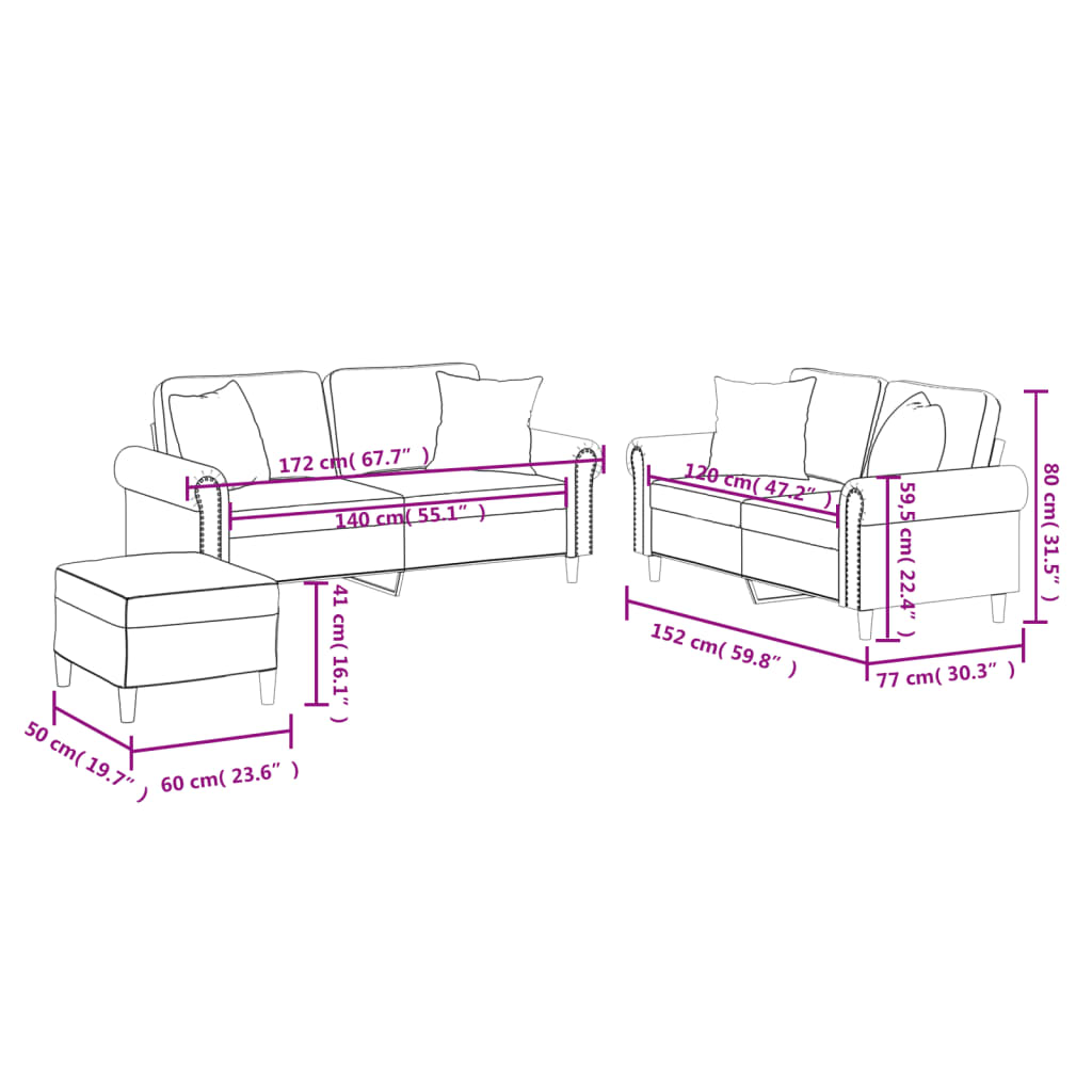 3-delige Loungeset met kussens kunstleer zwart