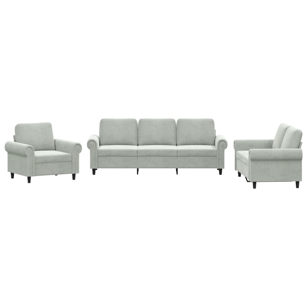 3-delige Loungeset met kussens fluweel lichtgrijs