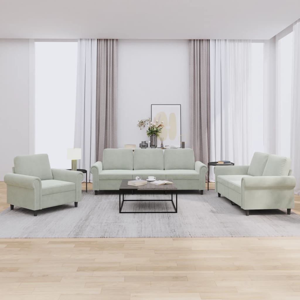 3-delige Loungeset met kussens fluweel lichtgrijs