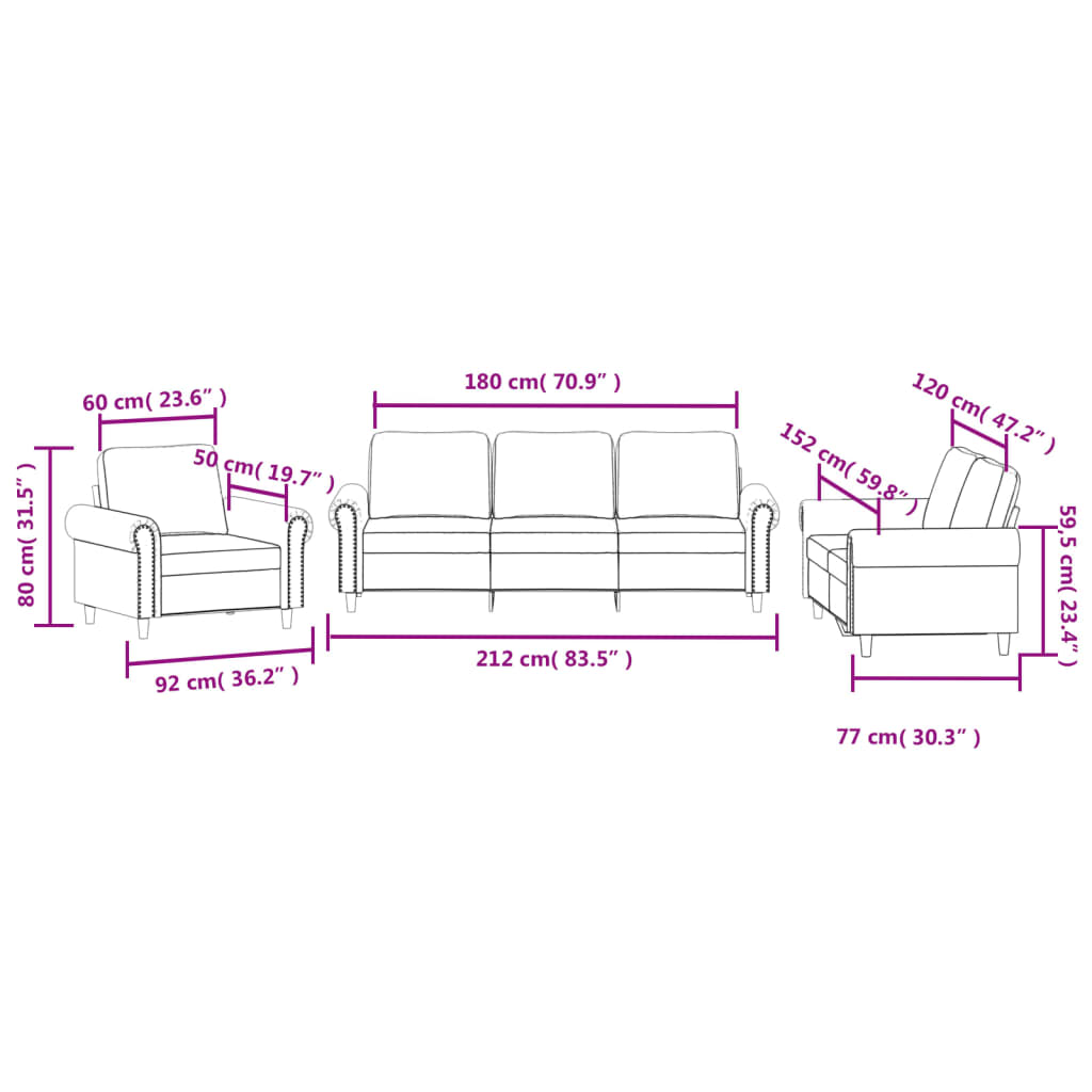 3-delige Loungeset met kussens fluweel donkergrijs