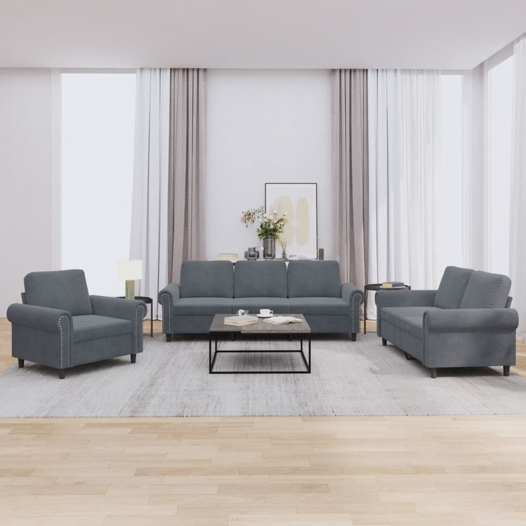 3-delige Loungeset met kussens fluweel donkergrijs