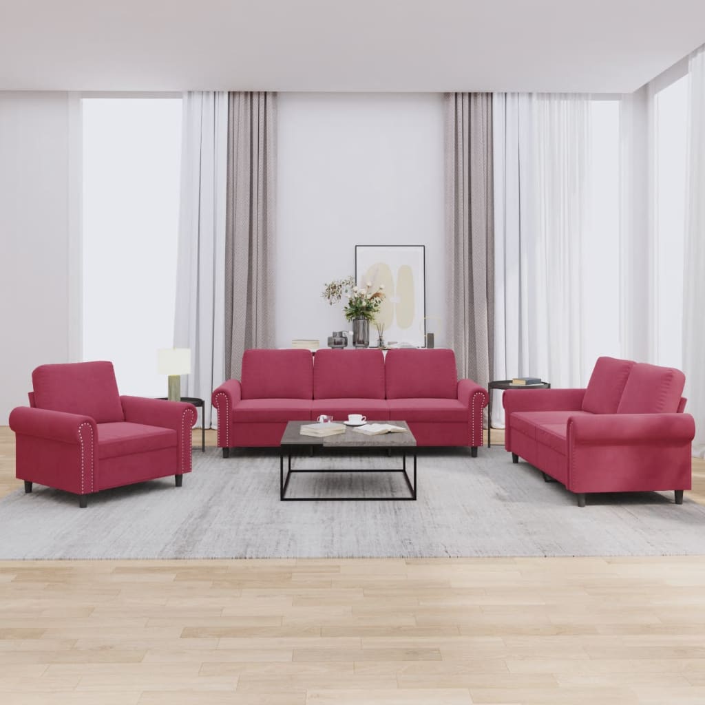 3-delige Loungeset met kussens fluweel wijnrood
