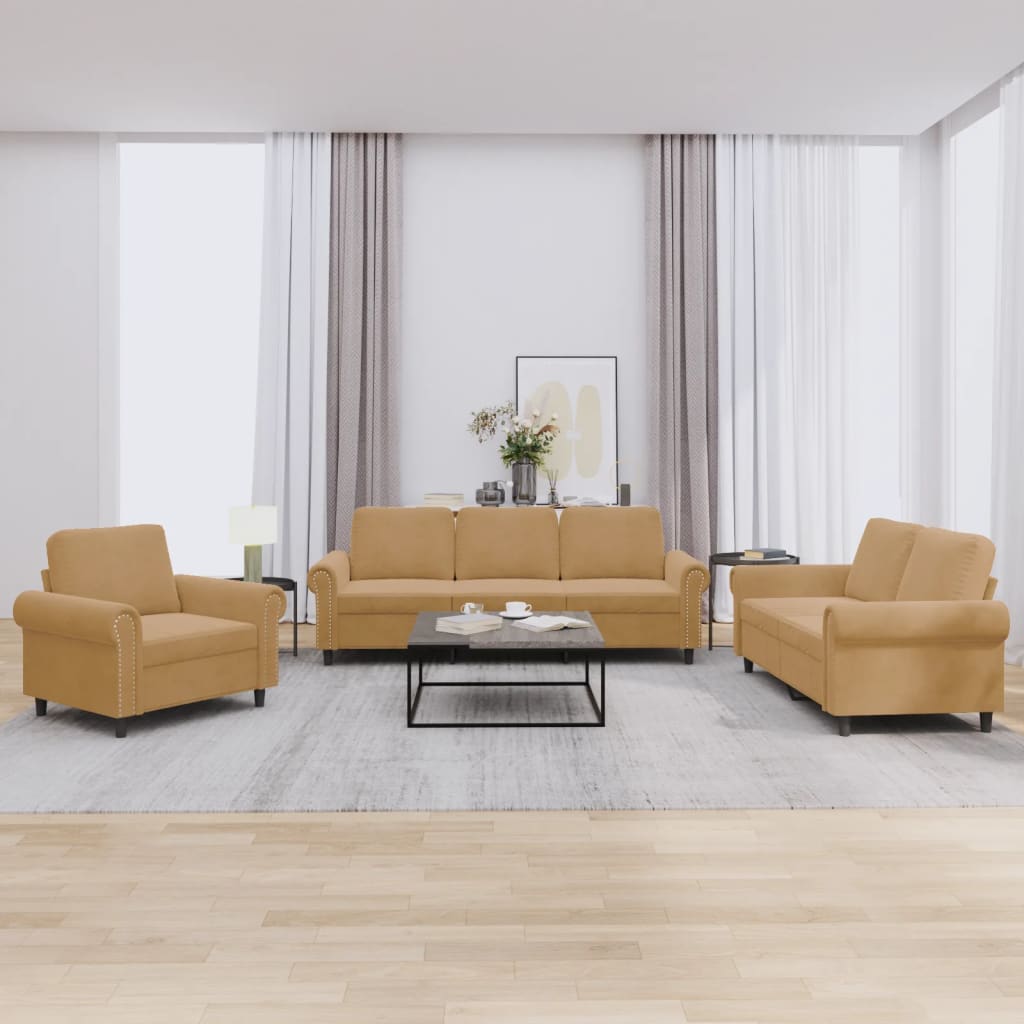 3-delige Loungeset met kussens fluweel bruin
