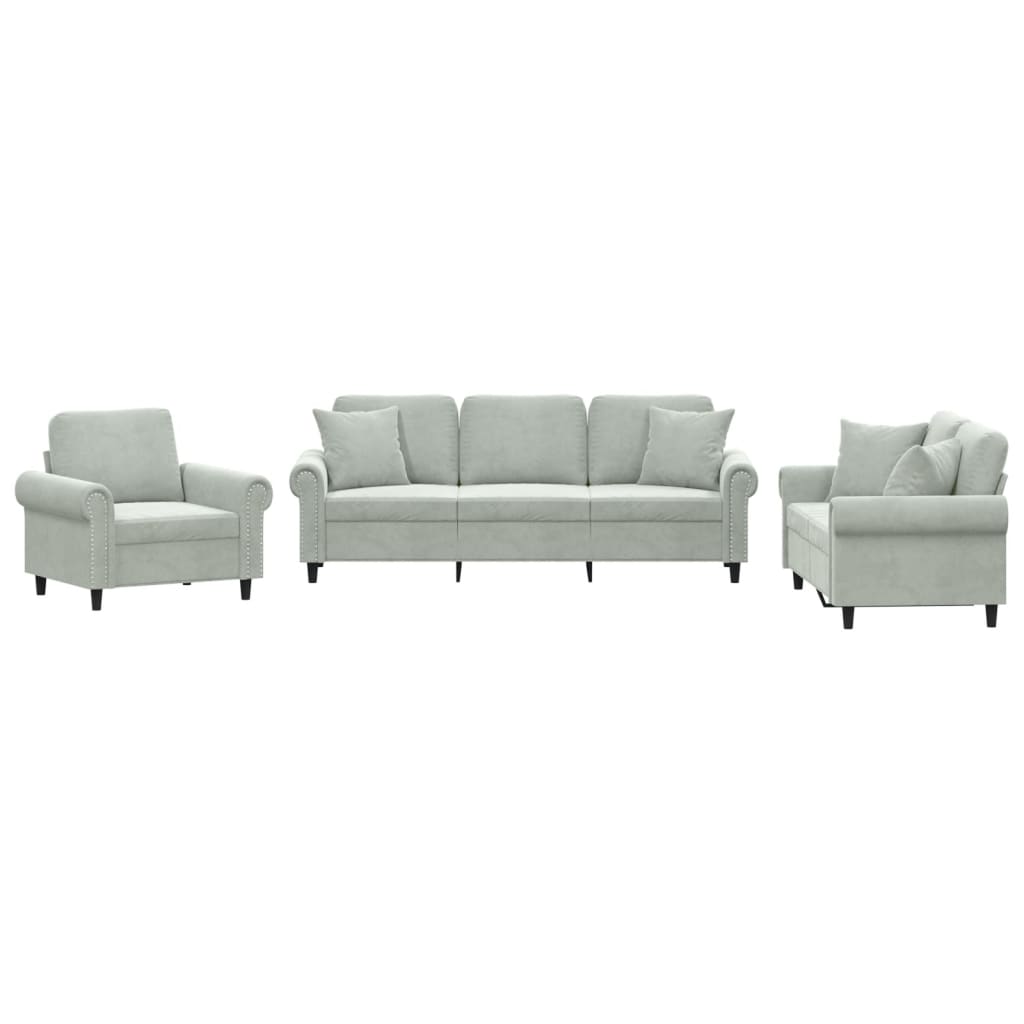 3-delige Loungeset met kussens fluweel lichtgrijs