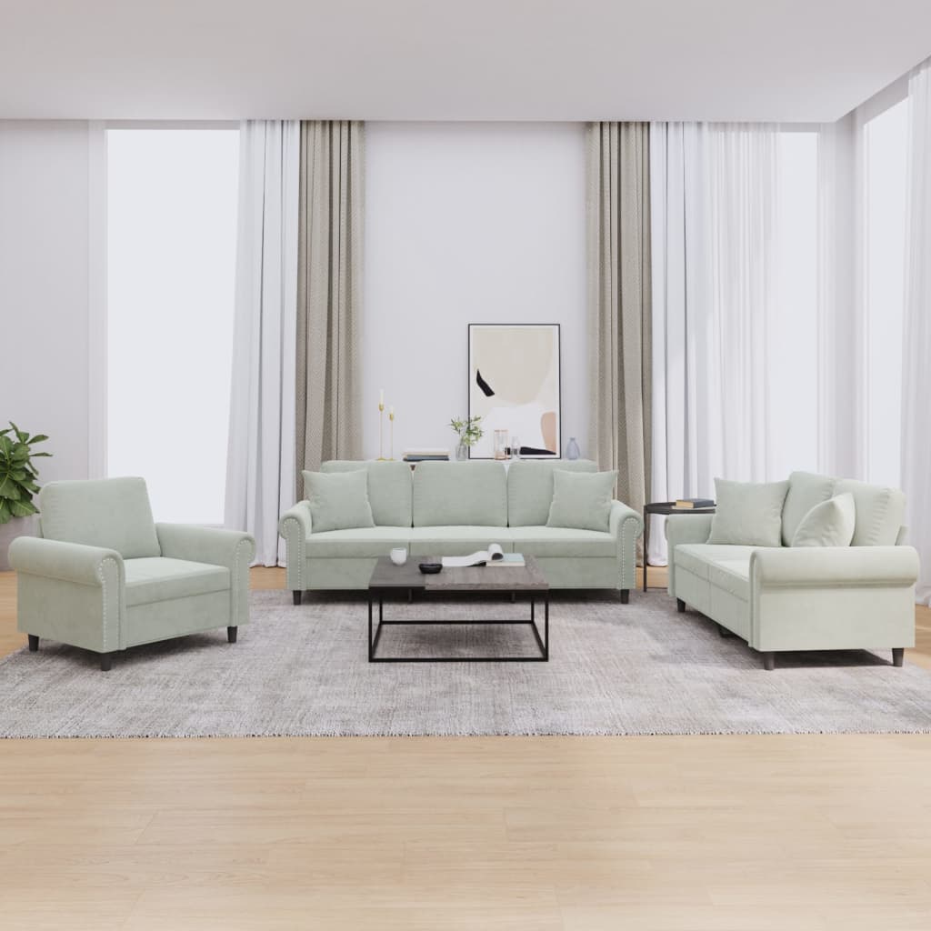 3-delige Loungeset met kussens fluweel lichtgrijs
