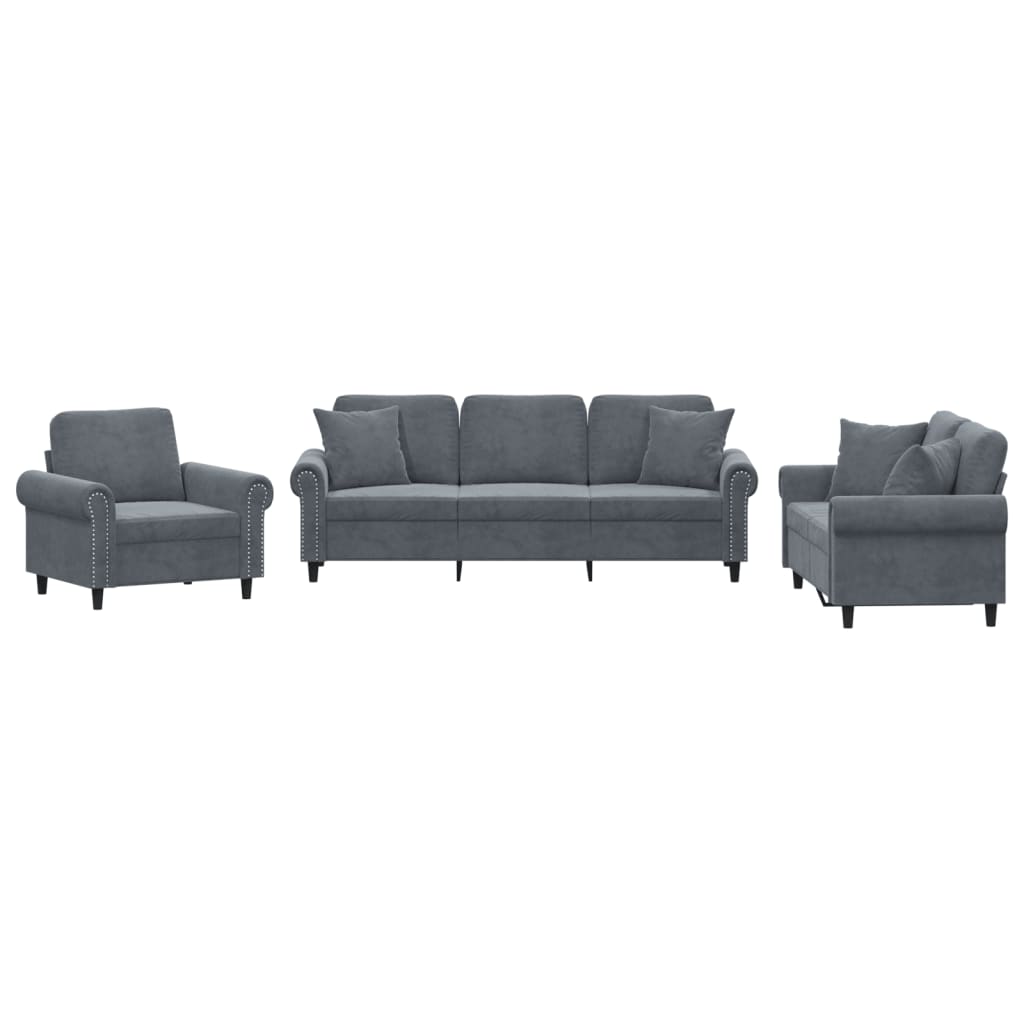 3-delige Loungeset met kussens fluweel donkergrijs
