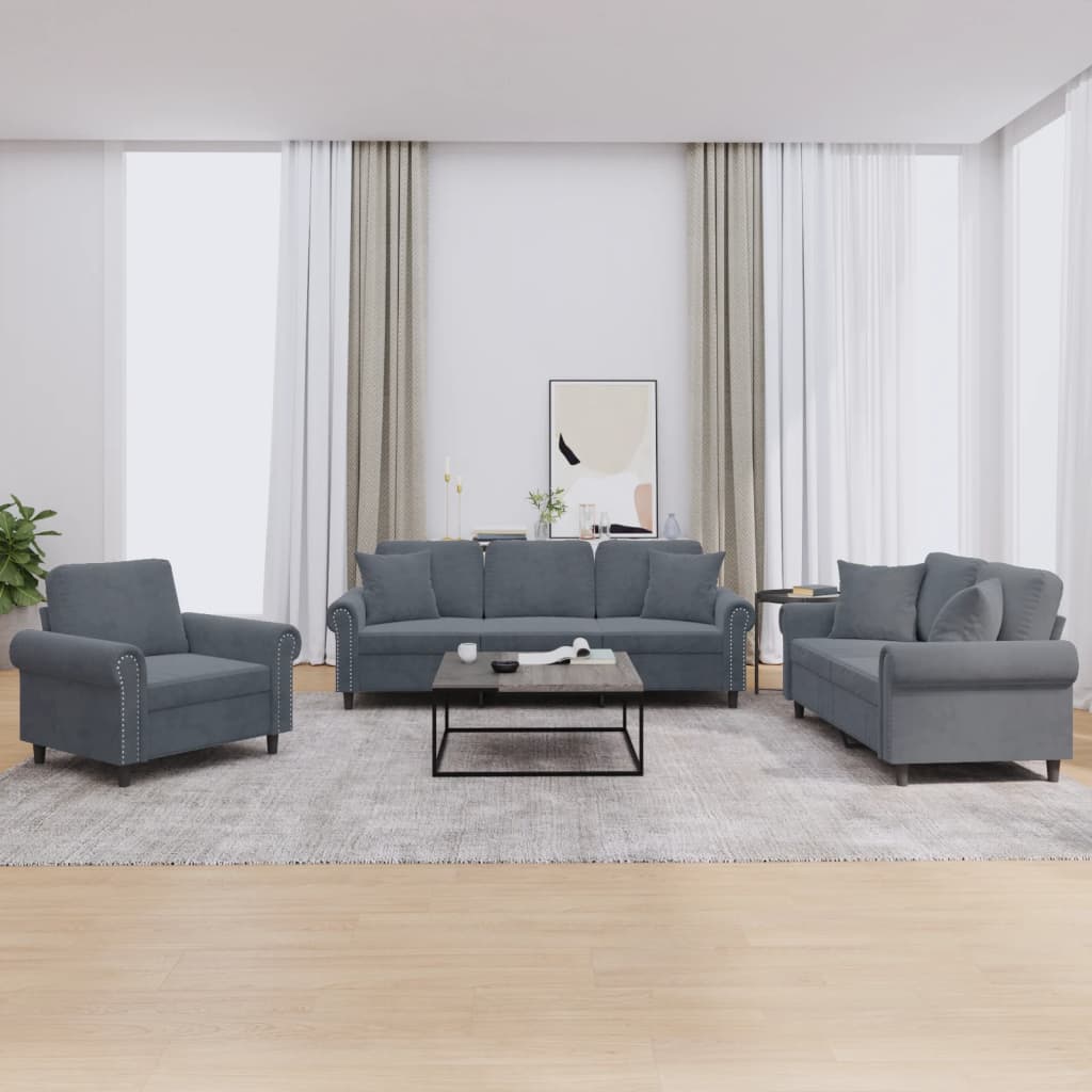3-delige Loungeset met kussens fluweel donkergrijs