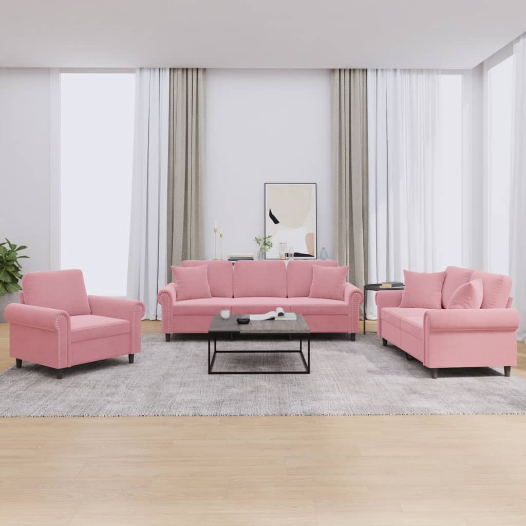 3-delige Loungeset met kussens fluweel roze