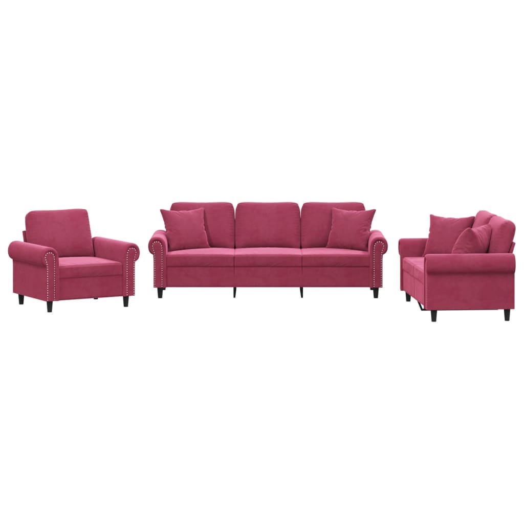 3-delige Loungeset met kussens fluweel wijnrood