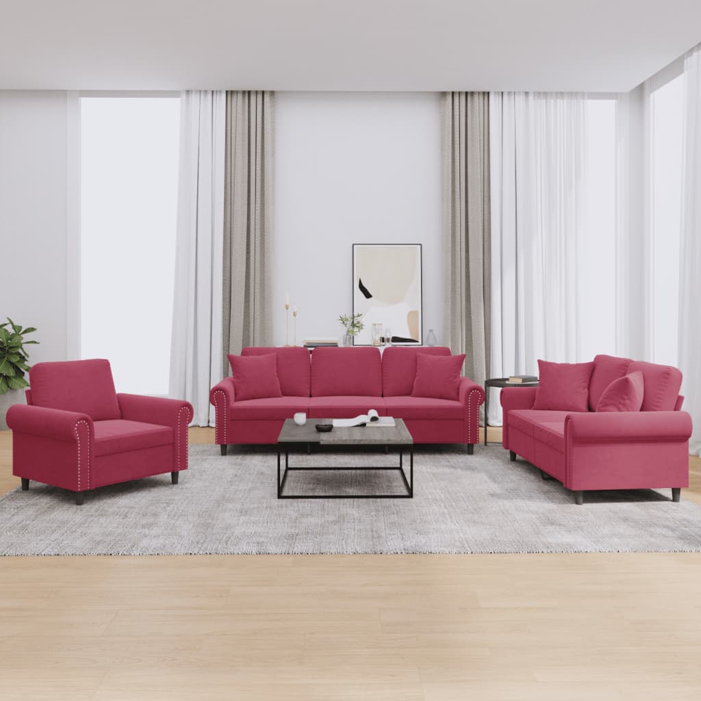 3-delige Loungeset met kussens fluweel wijnrood