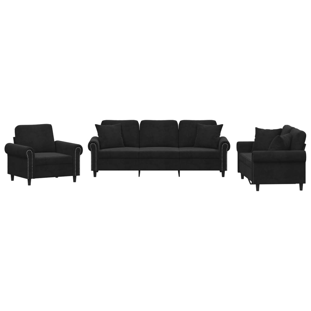 3-delige Loungeset met kussens fluweel zwart