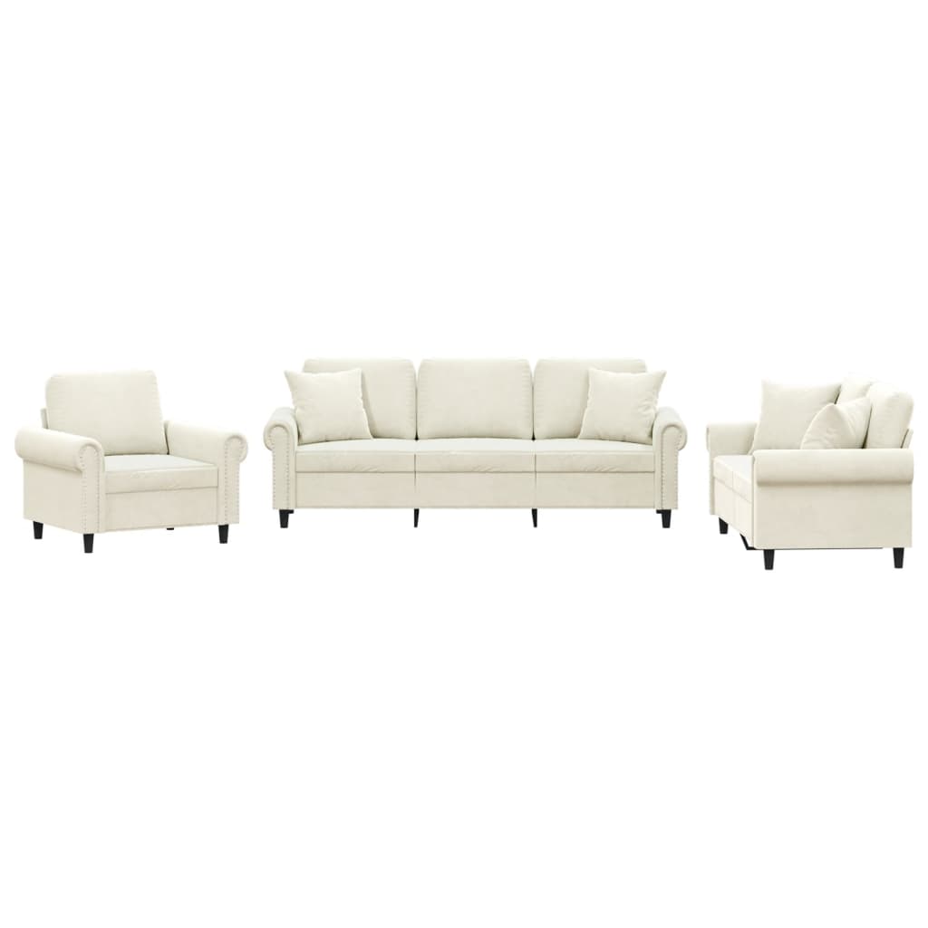 3-delige Loungeset met kussens fluweel crèmekleurig