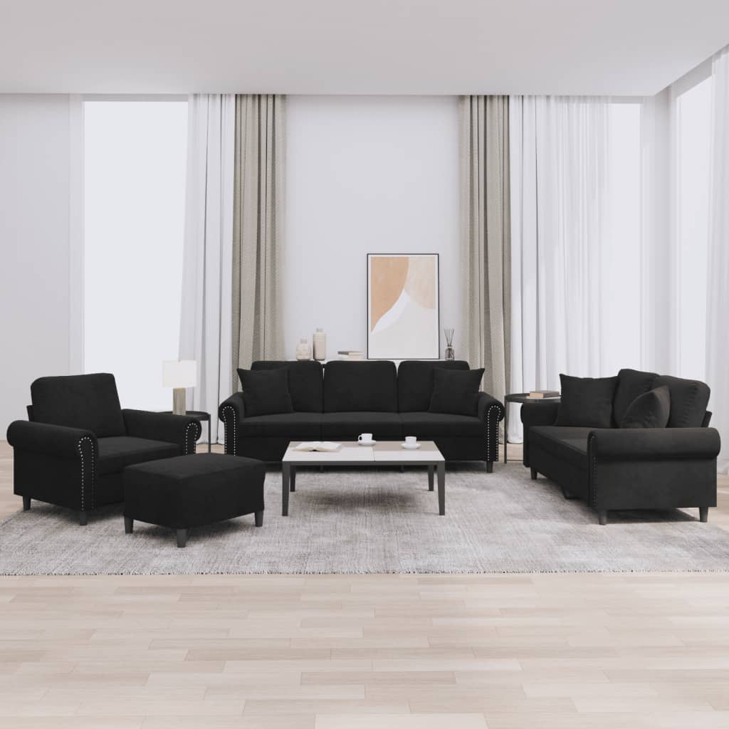 4-delige Loungeset met kussens fluweel zwart