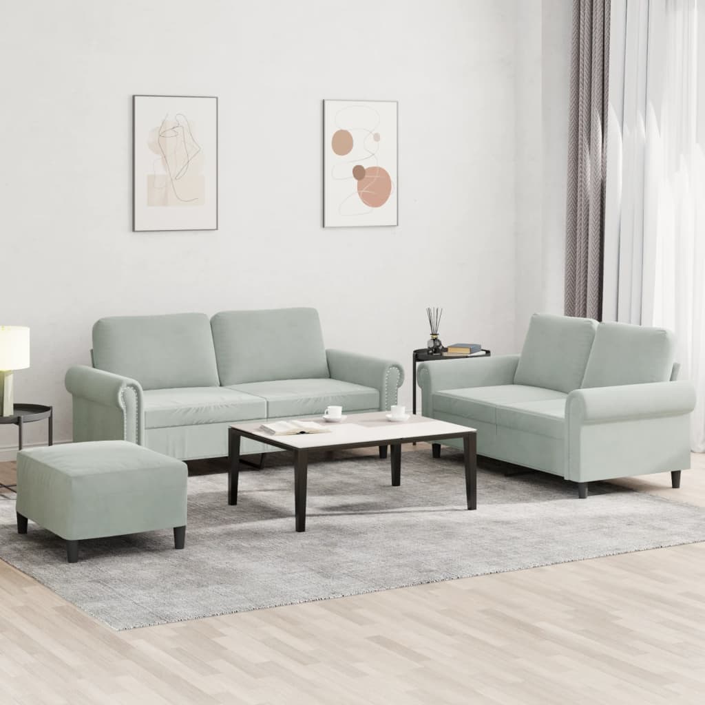 3-delige Loungeset met kussens fluweel lichtgrijs