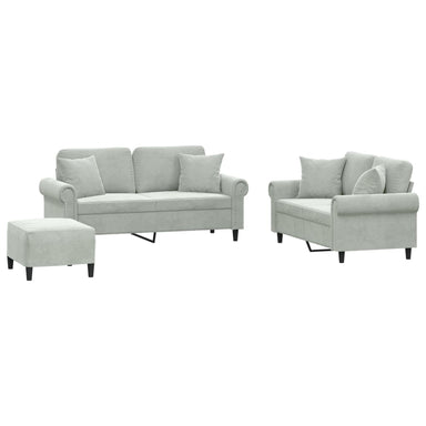 3-delige Loungeset met kussens fluweel lichtgrijs