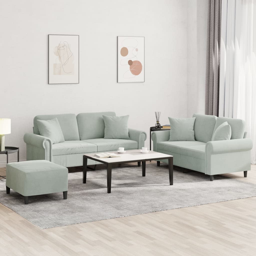 3-delige Loungeset met kussens fluweel lichtgrijs