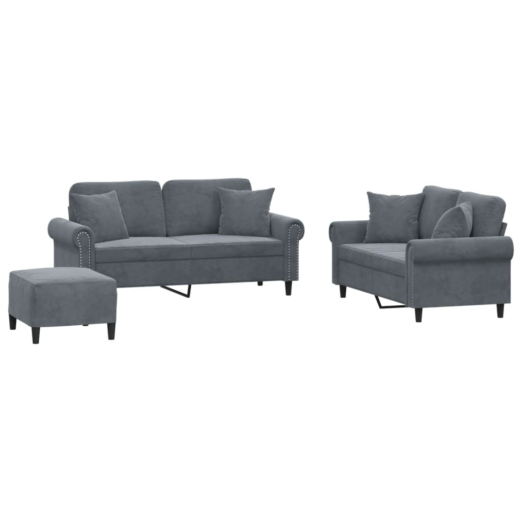 3-delige Loungeset met kussens fluweel donkergrijs