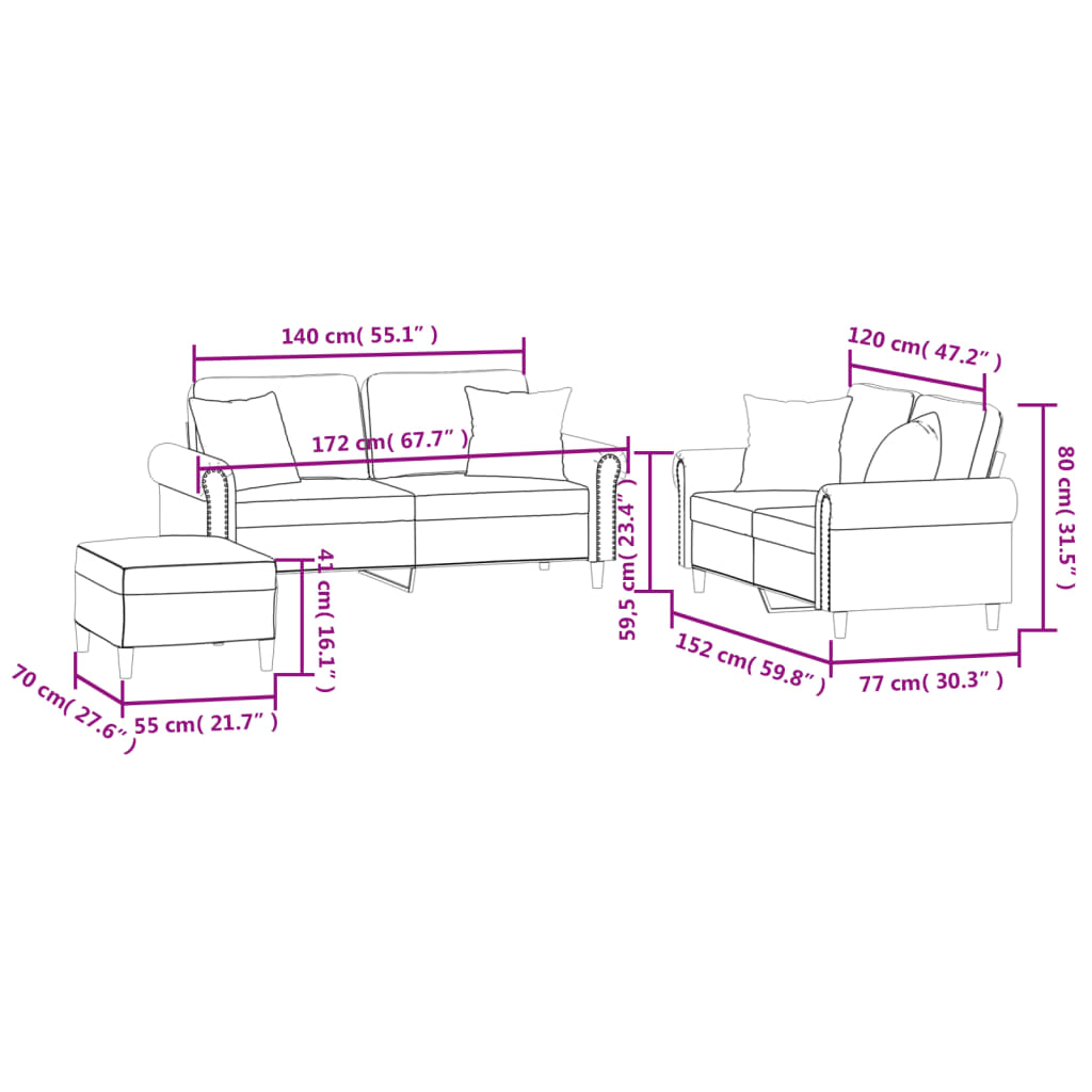 3-delige Loungeset met kussens fluweel bruin