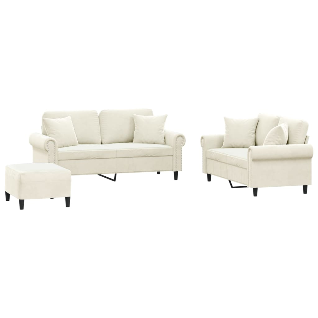 3-delige Loungeset met kussens fluweel crèmekleurig