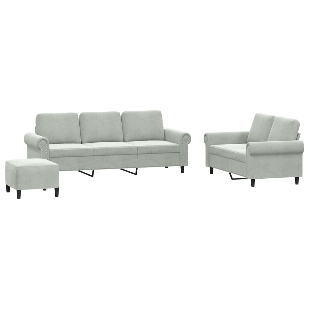 3-delige Loungeset met kussens fluweel lichtgrijs
