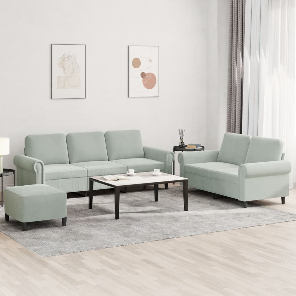 3-delige Loungeset met kussens fluweel lichtgrijs