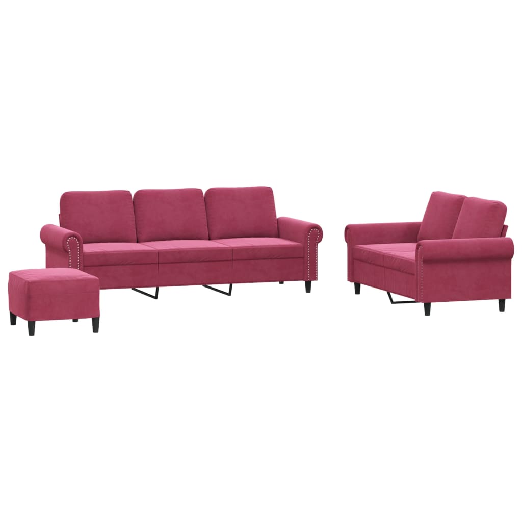 3-delige Loungeset met kussens fluweel wijnrood