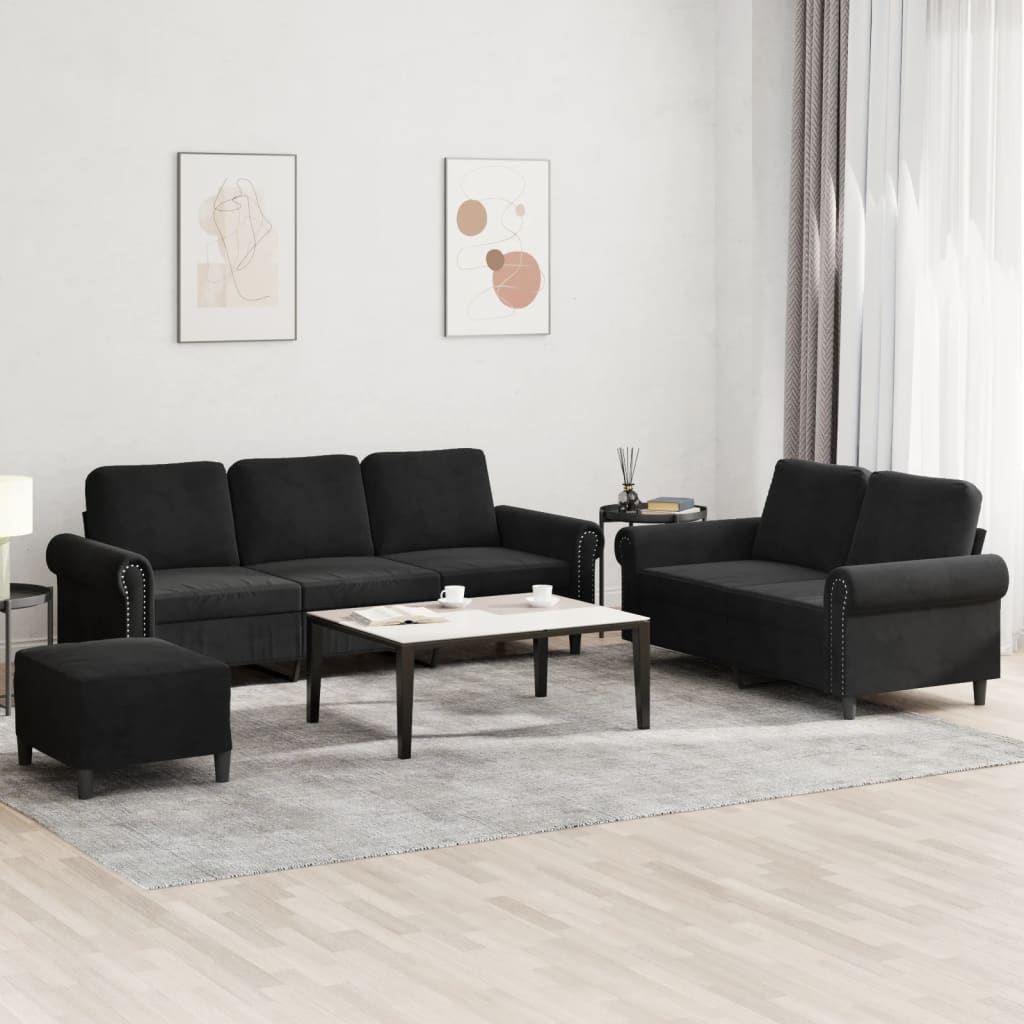 3-delige Loungeset met kussens fluweel zwart