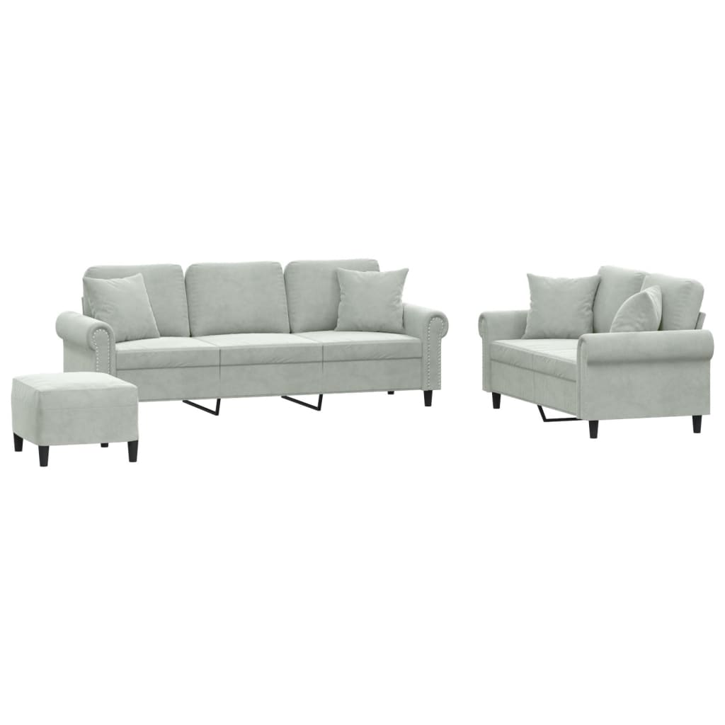 3-delige Loungeset met kussens fluweel lichtgrijs