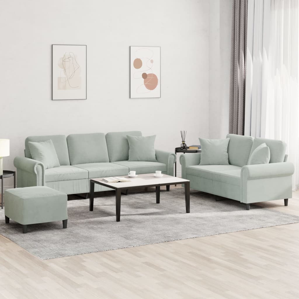 3-delige Loungeset met kussens fluweel lichtgrijs